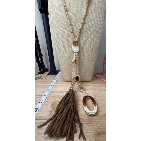 Chicos Long Beaded Necklace W/ Leather Tassel & Gradient Brown Accents - Picture 2 of 16
